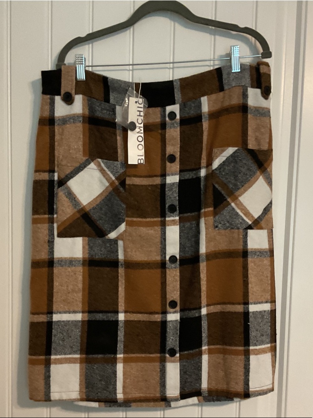 BloomChic Tan and Black Plaid Button-Front Midi Skirt